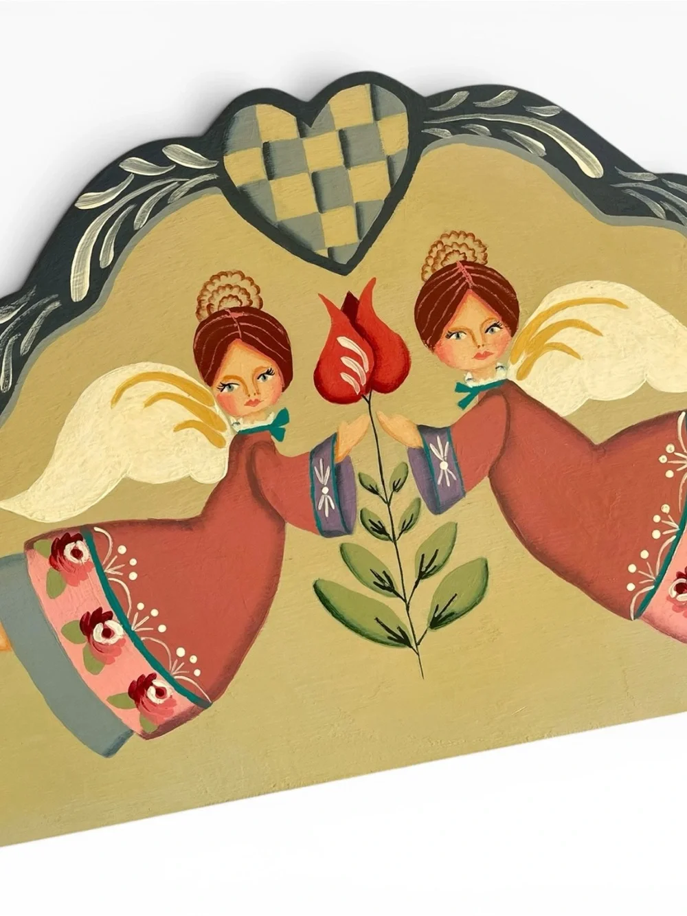 Vintage Folk Art Hand Painted Wooden Door Topper Angels Hearts Cottagecore